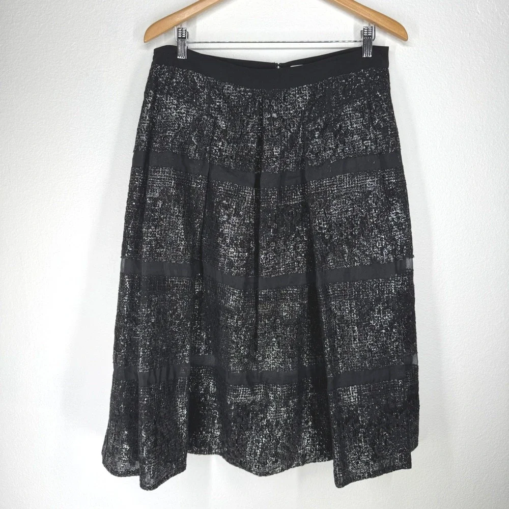 Rebecca Taylor Metallic Lace Silk Stripe‎ Midi Skirt Black Silver 12 Party Glam